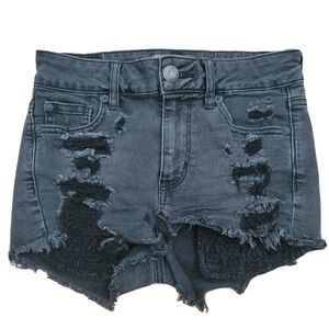AMERICAN EAGLE SUPER STRETCH HI RISE SHORTIE DENIM BLACK SHORTS SIZE 0